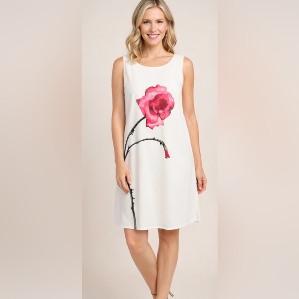 Elegant White Dress with Pink Floral Design